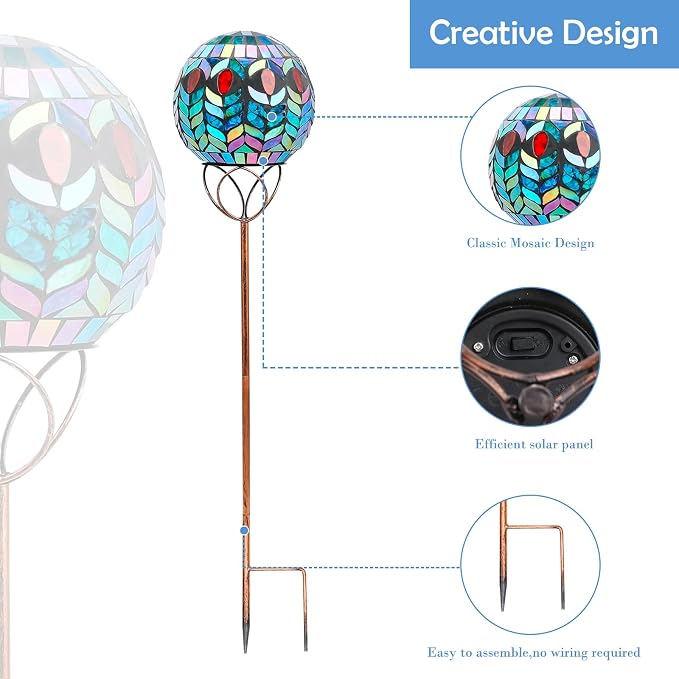 Solar Outdoor Decorative Light, Mosaic Ball Stake for Yard Decor, 6" | 6" Crackle Glass Sphere Mosaic Glass Ball Stake, Waterproof Design & Solar Lights for Lawn, Yard & Pathway Decor, Green