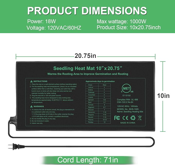 Durable Seedling Heat Mat 10x20.75 inches 4 Pack, Upgraded MET Certified Heat Mat for Plants Seed Germination,Hydroponic, Waterproof Greenhouse Heater, Seed Starter