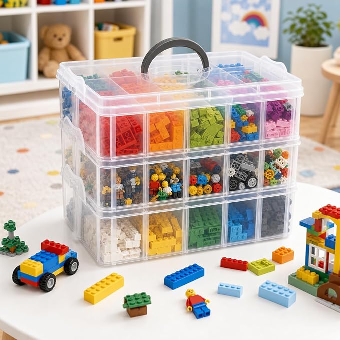 Guyuyii 3-Tier Stackable Bead Organizer with Adjustable Dividers and Handle | Portable Storage Case for Craft, Sewing, Jewelry Making | Compatible with Beads, Embroidery Floss, Washi Tape, Lego Pieces