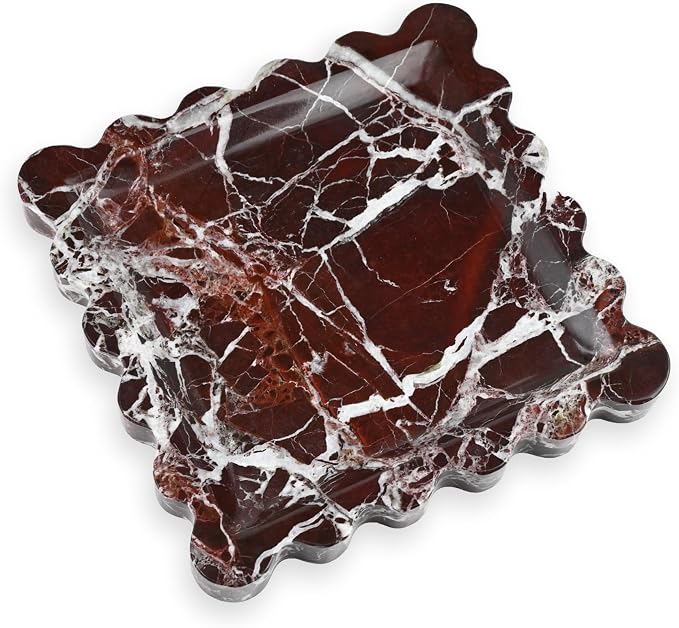 Scalloped Square Marble Decorative Tray, Natural Stone Vanity & Jewelry Tray, Trinket Organizer for Ring, Key, Dresser, Nightstand, Bathroom Counter & Kitchen Sink(Rosso Lepanto)