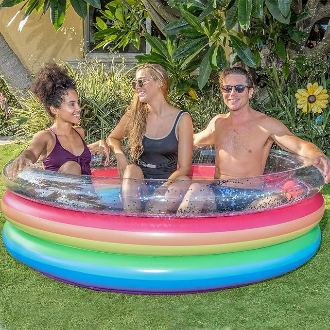 PoolCandy Rainbow Glitter Inflatable Sunning Pool for Adults, 60 Inch Round Inflatable Pool for Up to 3 People, Multicolor Glitter Lounge Pool for Backyard Summer Relaxation | Fits Up to 3 People - Multicolour Glitter Design - Backyard Summer Lounge