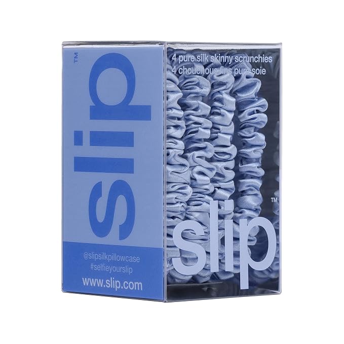 Slip Silk Hair Ties — Skinny Silk Cornflower Scrunchies, No Damage, No Crease, Anti-Breakage |100% Mulberry Silk | All Hair Types | Made with Proprietary Slipsilk™ | Set of 4