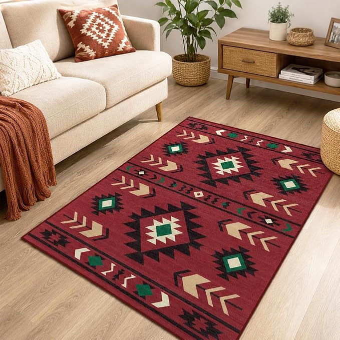 Western Rug 2x3 for Entryway Indoor Mat, Southwestern Aztec Tribal Rugs Southwest Navajo Machine Washable Entrance Rug Non-Slip Printed Low-Pile Entry Floor Carpet Doormat for Bedroom Bathroom, Red