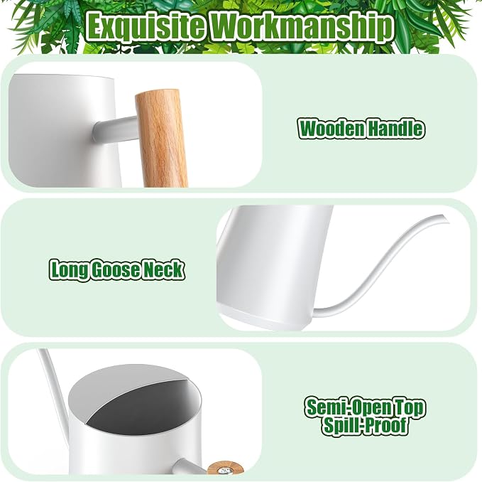 Green Moon 1L/35oz Metal Watering Can Indoor with Long Spout, White | Metal Stainless Steel Watering Can with Wood Handle for Indoor Plants, House Bonsai, Succulents, and Outdoor Garden Flowers