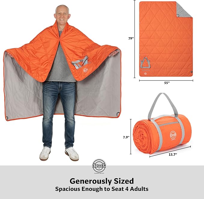 STOVER Large Waterproof Outdoor Stadium Blanket- Extra Thick Soft Fleece Camping Blanket for Travel, Picnics, Sports, Dogs- 79"x55" Warm, Windproof, Sand-proof, Lightweight, Packable (Game Day Orange)