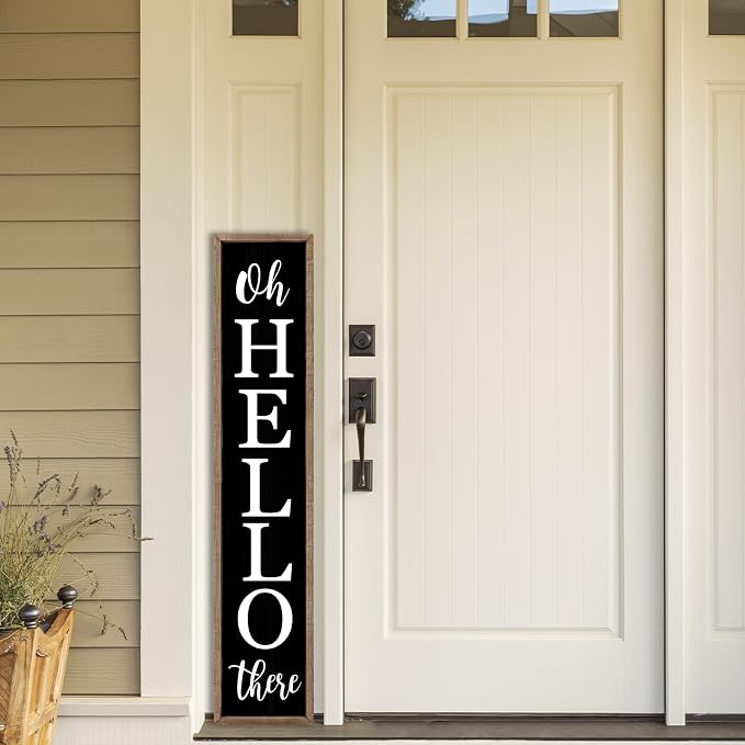 Oh Hello There Outdoor Welcome Sign For Front Porch Standing 45"X9" Large Rustic Farmhouse Vertical Tall Long Wooden Framed Outside Front Door Home Wall Decoration (Wood Black)