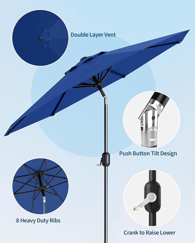 10FT Patio Umbrella Outdoor, Market Umbrella, Table Umbrella with Push Button Tilt and Crank, 8 Sturdy Ribs UV Protection Waterproof for Garden, Pool, Deck, Backyard (Navy Blue)