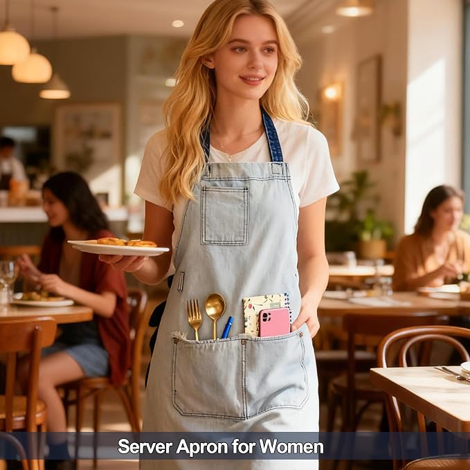 Denim Chef Apron for Women with Pockets, Jean Waitress Server Kitchen Apron for Men Cooking Gardening Painting