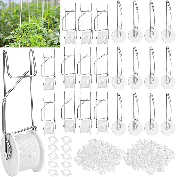 Yarlung 24 Pack Tomato Roller Hooks with 49.2 Feet String and 240 Pcs Clips for Tomato Support Trellis, Grape, Climbing Plants, Greenhouse, Flower Vine, Garden Twine Crop