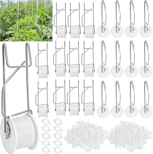 Yarlung 24 Pack Tomato Roller Hooks with 49.2 Feet String and 240 Pcs Clips for Tomato Support Trellis, Grape, Climbing Plants, Greenhouse, Flower Vine, Garden Twine Crop