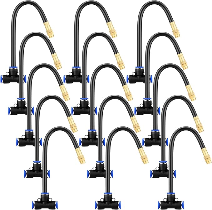 Zonon 15 Pcs Brass Misting Nozzles Tee with 8" Built in Hose for 0.32"/8 mm Tubing 360 Degree Rotation Adjustable Water Mister Nozzle Thread Sprayer Misting Part Accessories for Patio Outdoor Cooling