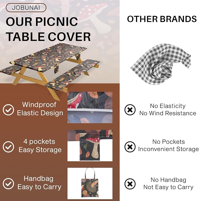 Jobunai Picnic Table Cover with Bench Covers Fitted Waterproof Camping Tablecloth with Elastic for 6 Foot Rectangle Tables Outdoor Travel Rv Essentials Summer Vacation Accessories Gift for Men Women