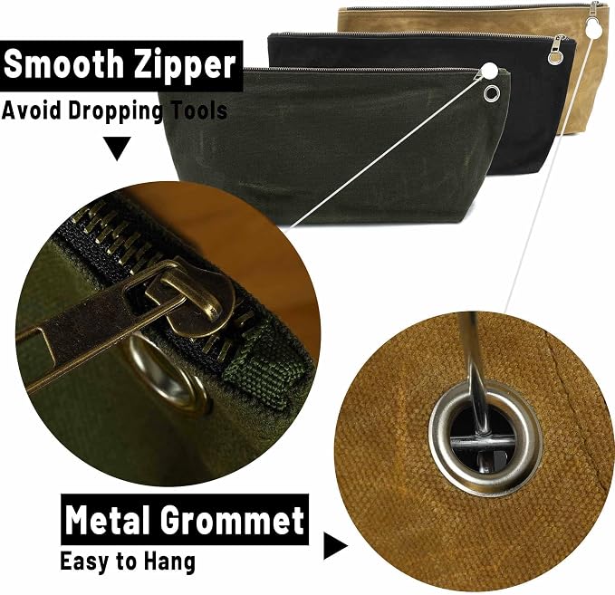 Canvas Tool Pouch Set, 16OZ Waxed Canvas Tool Storage Bags, Standable One-Piece Tool Organization Pouch - 3 Color Pouches with Brass Zipper & Grommet - Large - 15.5" x 7.5"