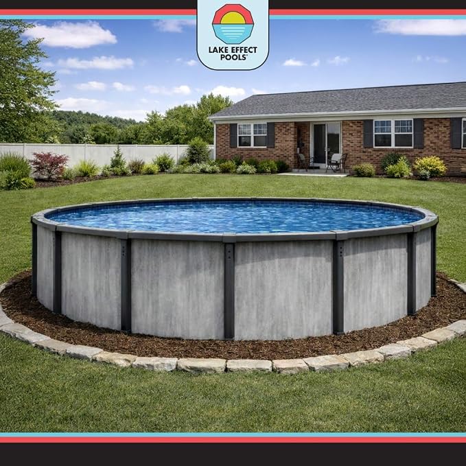 Lake Effect Pools 'Lanai' 27 ft Round Above Ground Swimming Pool | 52 Inch Resin Protected Steel Sided Walls | Bundle Includes: 25 Gauge Overlap Liner & Widemouth Skimmer