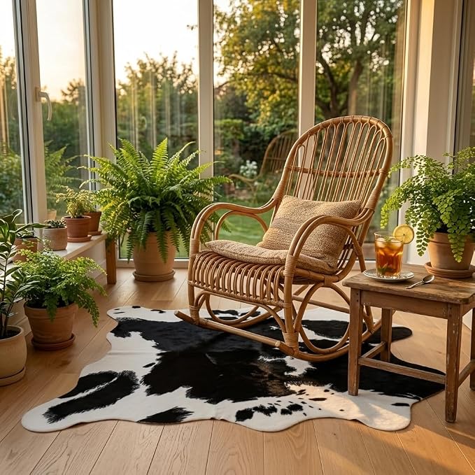 MustMat Cow Print Rug, Faux Cowhide Rug for Mid-Century Modern 4'7''×5'3'' | Black & White, Fits Living Rooms, Bedrooms. Matches Industrial & Minimalist Decor, Great For Holiday & Birthday Use