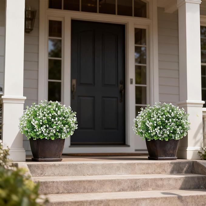 Artificial Eucalyptus with Baby's Breath Topiary Ball Trees - 2 Set Plastic Faux Eucalyptus Plants in Pot, Sun Resistant Fake Greenery Potted Bushes for Front Door Farmhouse Garden Porch Decor