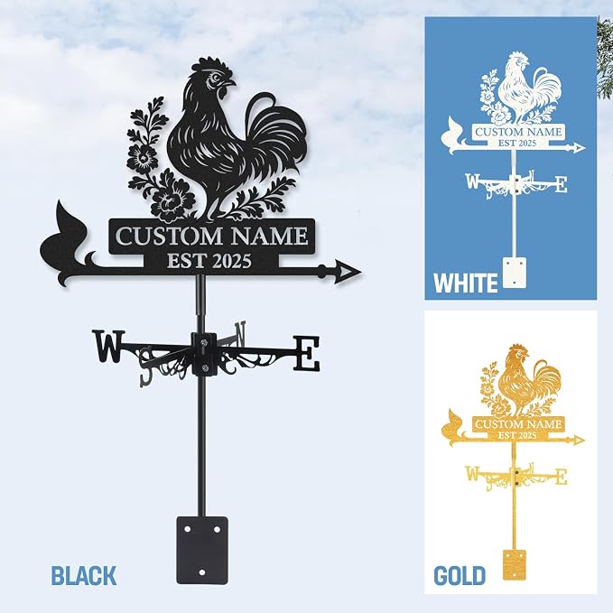Personalized Metal Weather Vane, Custom Name Weathervane, Chicken Coop Signs, Weather Vanes for Outside, Wind Vanes for Farmhouse Yard Shed Decor, Housewarming Gifts Color06