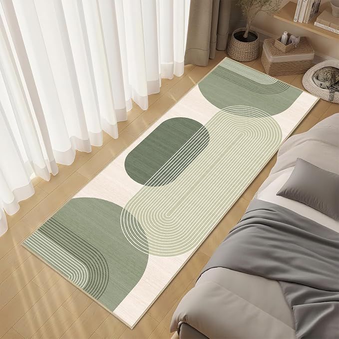 Boho Runner Rug 2x6 for Hallway Kitchen Bedroom,Bohemian Runner Rugs Washable Modern Geometric Rug Non-Slip Printed Low Pile Long Floor Carpet Mat for Bedroom Laundry,Green