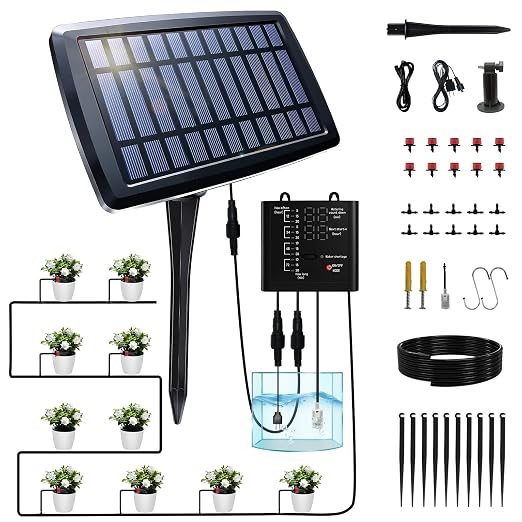 Solar Drip Irrigation System for 10 Potted Plants, Auto Watering Kit with 32FT Hose & 10 Drippers, Smart Timer & Low Water Alarm, Self Watering for Outdoor Balcony, No Electricity Needed