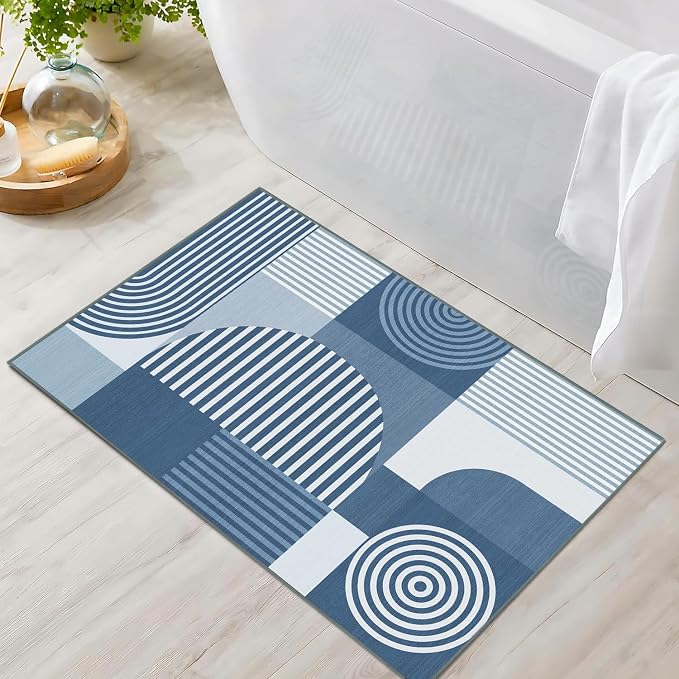 Blue Geometric Rug 2x3 for Entryway Machine Washable Mid Century Modern Rug Non Slip Low Pile Minimalist Line Rugs Door Indoor Mat Carpet for Bathroom Bedroom Kitchen Laundry,Blue