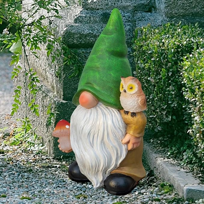 Garden Gnome Outdoor Decoration Solar Gnomes Statue with Owl LED Lights,Terrace Courtyard Lawn Patio Porch Fall Decoration Halloween Christmas Housewarming Gift for Mom Woman