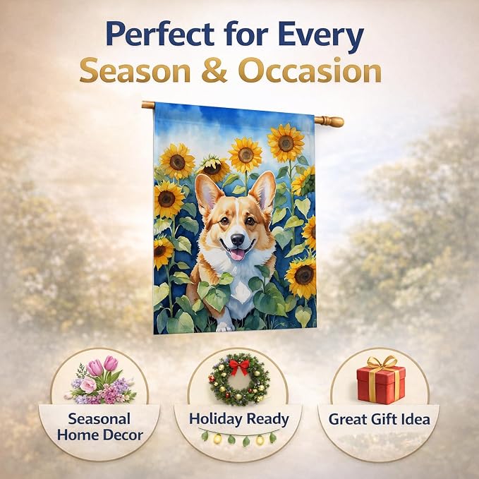 Caroline's Treasures DAC6062CHF Corgi in Sunflowers House Flag Large Porch Sleeve Pole Decorative Outside Yard Banner Artwork Wall Hanging, Polyester, House Size, Multicolor