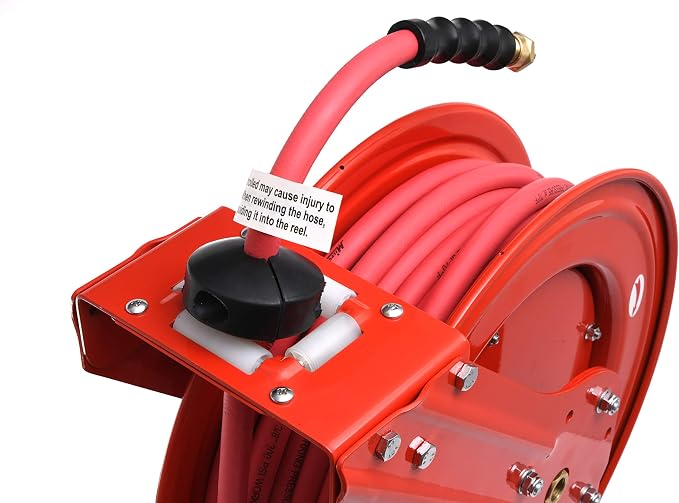 MILTON Industrial Hose Reel 2790-50D, Auto Retractable, Chemical Resistant, Prevent Cracking, Flexible in Extreme Conditions,1/2” Hose ID, 50 Foot Rubber Hose, 300 PSI Max Pressure,1/2" Male NPT, Red