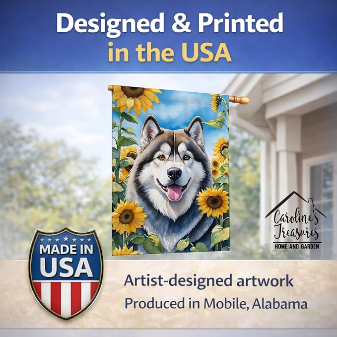 Caroline's Treasures DAC6005CHF Alaskan Malamute in Sunflowers House Flag Large Porch Sleeve Pole Decorative Outside Yard Banner Artwork Wall Hanging, Polyester, House Size, Multicolor