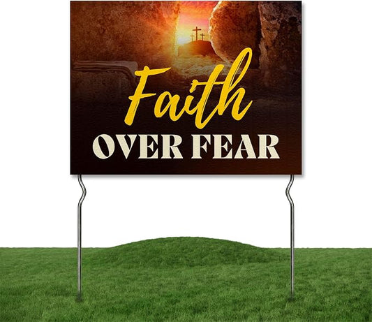 Faith Over Fear! Yard Sign by DC | 24"x18" Double Sided Church Garden Sign with 13” Metal Stakes | Outdoor Signs Waterproof for Lawn, Patio, Sidewalk & House | Set of 5 | Made in USA