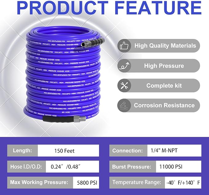 150FT Sewer Jetter Kit for Pressure Washer 1/4" NPT Drain Cleaner Hose 5800PSI Corner Rotating and Button Hose Sewer Jetting Nozzle Pearl Corsage Pin Tape Handle Strap Spanner