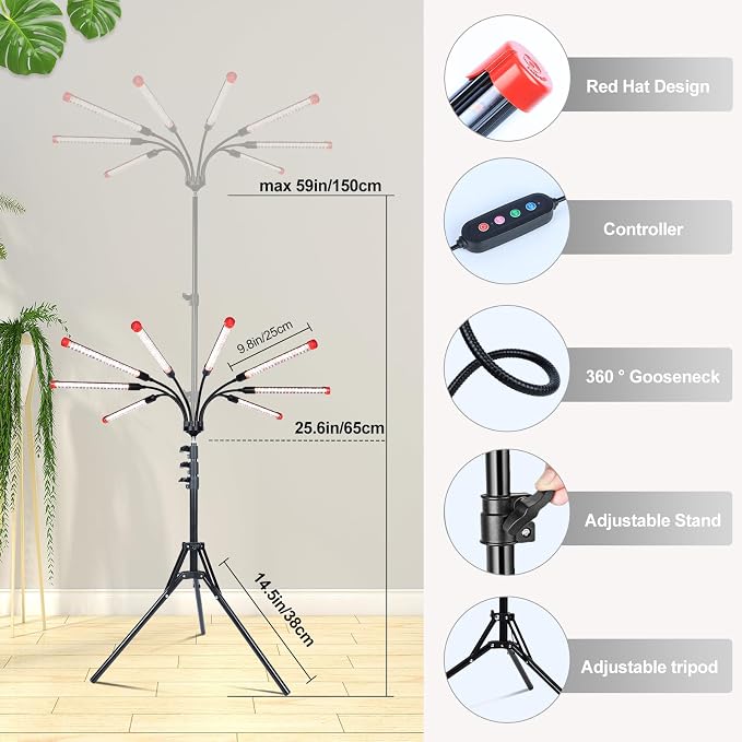 FECiDA Gamechanger! 72 Watt Power Draw, NO Need Adapter, 8Head Grow Light with Tripod Stand, 2026 Big Coverage LED Grow Lights for Indoor Tall Plants, Bonsai Tree, 4/8/12/16/20H Timer