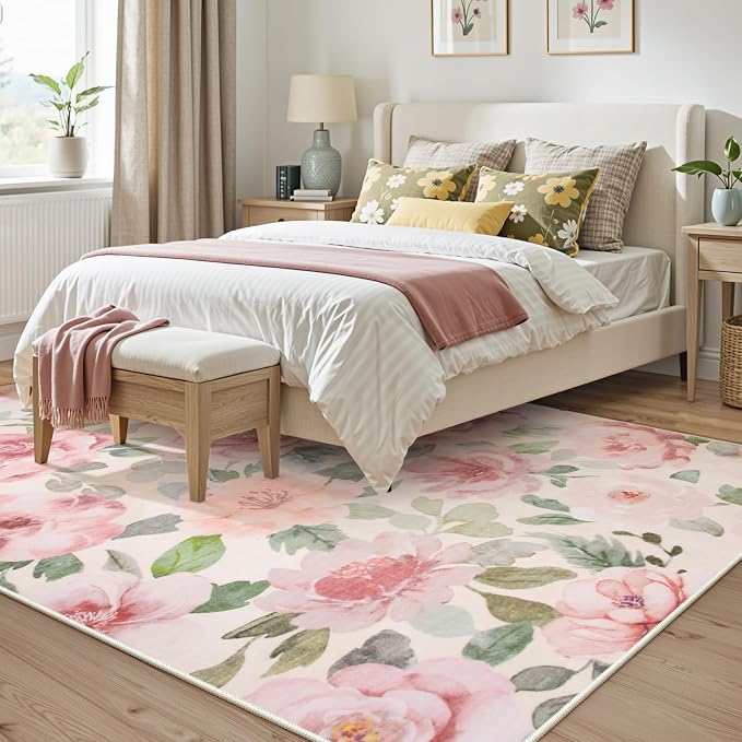 Lahome Floral Nursery Rug 5x7, Soft Boho Pink Rugs for Girls Bedroom | Low Pile Large Living Room Rug, Home Decor Carpet for Dining Room Kids Playroom Farmhouse, Beige/Multi