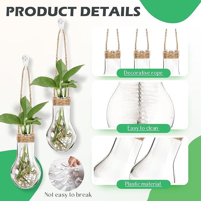 Baderke 6 Pack Hanging Propagation Station 3.9 Inch Plastic Plant Vases with Hooks & Cleaning Brush Clear Window Jars for Plant Clippings, Home Office Decor, Gardening Gifts for Women