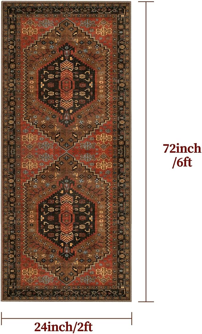 Ciicool Washable Non Slip Runner Rug,2x6ft Vintage Hallway Kitchen Rugs | Soft Oriental Indoor Mat Thin Boho Entry Carpet for Entrance Bedroom Bedside Living Room Laundry Bathroom Decor