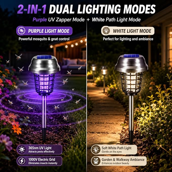 2026 Mosquito Repellent Outdoor Patio Solar Bug Zapper Outdoor Mosquito Zapper for Moths,Gnats,Flies,Small Flying Insect,Gnat Killer for Vegetable Beds,Electric Fly Zapper for Backyard,Garden 4Pack