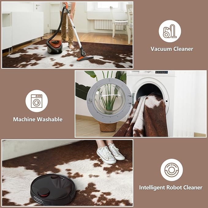 DweIke Cow Print Rugs for Living Room, 6x9 Large Soft Faux Animal Cowhide Area Rug, Washable Non-Slip Stain Resistant Throw Carpet for Dining Room Office Western Home Decor, Red Brown