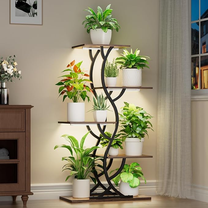 Plant Stand Indoor with Grow Lights - 44" Tall Corner Plant Stands for Indoor Plants, 5 Tiered Metal Plant Shelf, Curved Plant Flower Holder Dispaly Rack for Living Room, Home Patio Balcony (Black)
