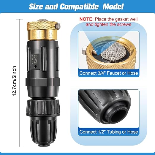 Feekoon 4 Set 25 Psi Drip Irrigation Faucet Adapter Kit 1/2'' Irrigation Tubing to 3/4'' Faucet Water Pressure Regulator Backflow Preventer with Filter, Drip System Parts