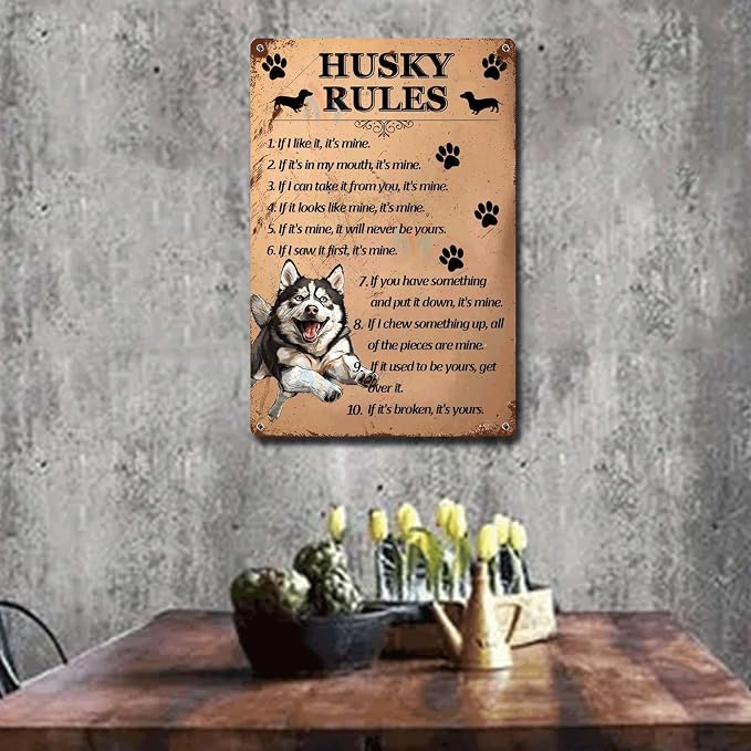 Metal Sign Tin Sign Vintage Wall Art Husky Rules Metal Garden Signs for Club 8×12 Inches
