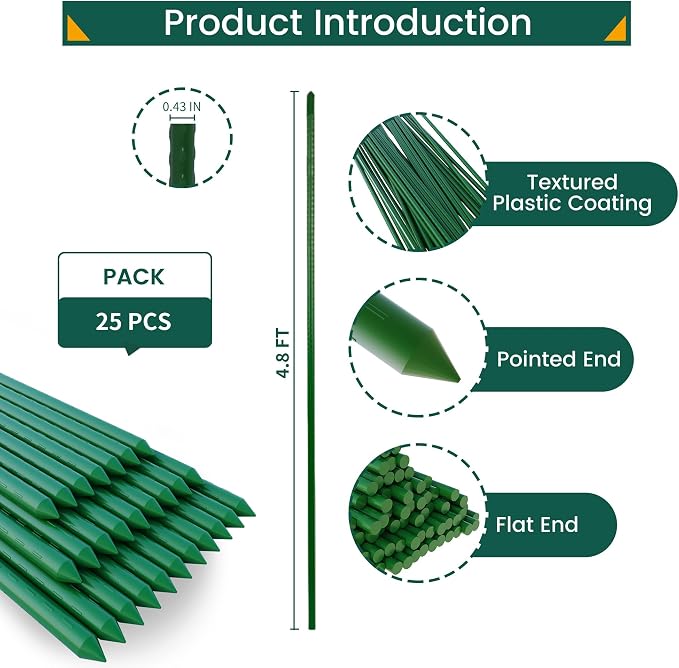 PROWORX 57 Inch 4.8 Ft Plant Support Garden Stakes 25 PCS, Sturdy Steel Plastic Coated Sticks for Outdoor Growing Climbing, Tomato, Trees, Cucumber, Beans