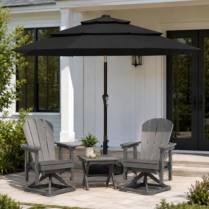 10ft Patio Umbrella, 3-Tier Vented Outdoor Table Umbrella with 8 Sturdy Fiberglass Ribs, Windproof Market Umbrella with Push Button Tilt and Crank, UV Protection for Deck, Pool, Black