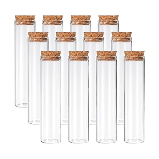 PATIKIL 60ml Test Tubes, 12pcs 4.72x1.18 Glass Clear Flat Bottom Test Tube Containers with Cork Stopper for Bead Party Candy Bath Salt Storage Scientific Experiment Plant Propagation
