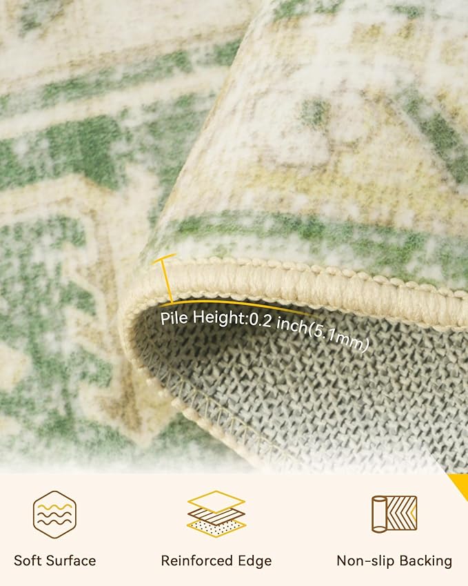 RELEANY Washable Area Rug, 7'x9', Green/Yellow | Non-Slip, Water Repellent, Pet Friendly, Easy to Clean, Vintage Floral Boho Decor for Living Room Bedroom Dining Room Office