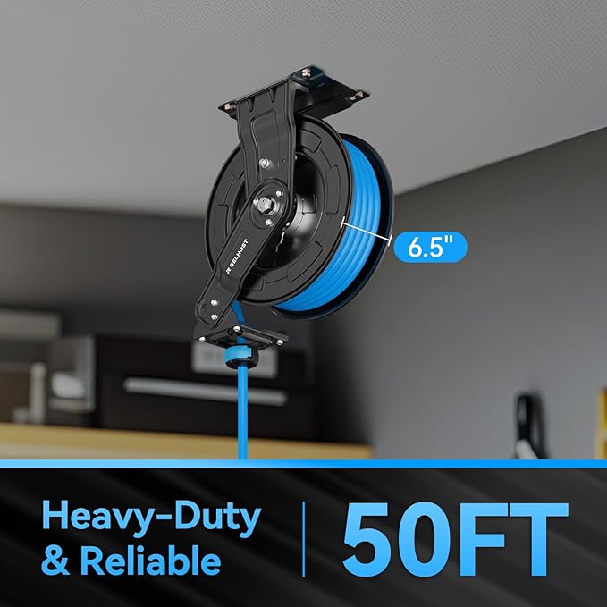 Relhost Retractable Air Hose Reel, 50 ft x 3/8 in Hybrid Air Hose Max 300PSI, Heavy Duty Air Compressor Hose Reel with Auto Rewind, Ceiling/Wall Mount for Garage, Workshop, Home Studio