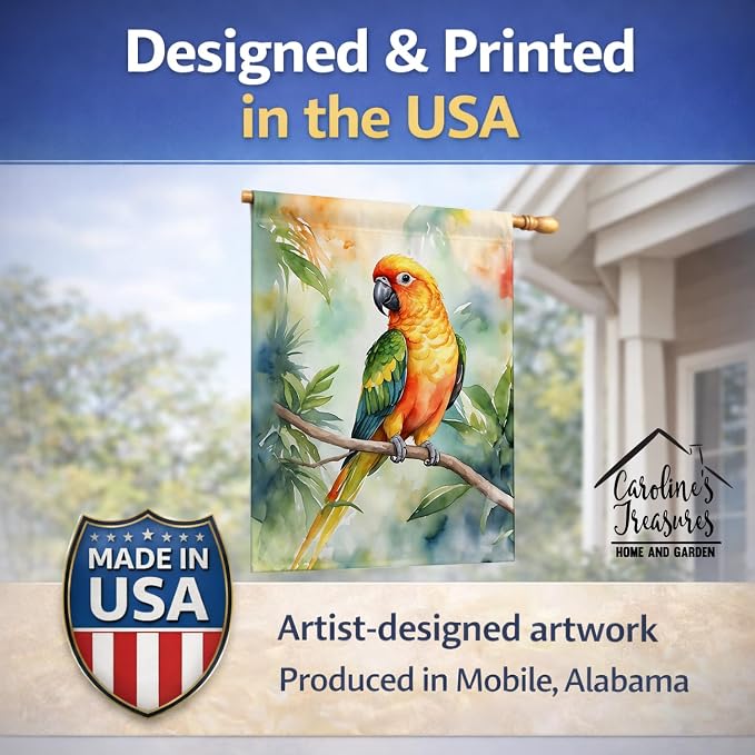 Caroline's Treasures Sun Conure House Flag Large Porch Sleeve Pole Decorative Outside Yard Banner Artwork Wall Hanging, Polyester, House Size, Multicolor