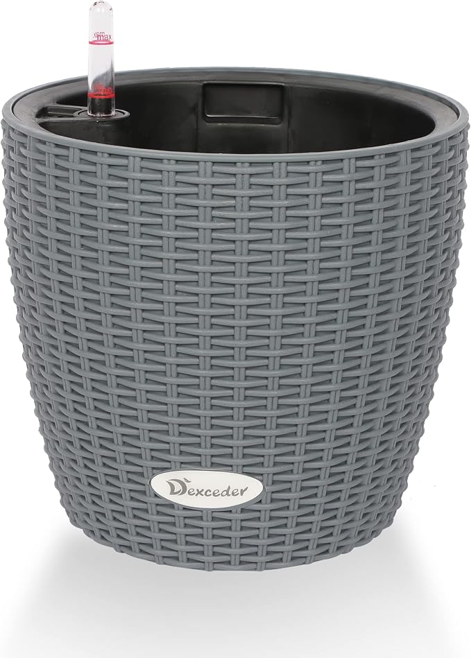 Dexceder 9x8 Self Watering Planter (Deep Gray Rattan) | Inner Pot Design, Thickened Table Flower Plant Pot with Water Level Indicator Indoor Outdoor