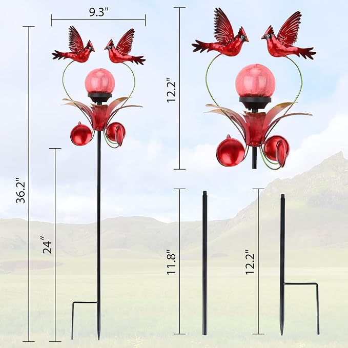 Decorative Solar Outdoor Light, Cardinal Glass Globe Stake For Lawn Yard | Solar Cardinal Lights With Wind Spinner Design, Crackle Glass Globe, Auto On/Off For Garden, Lawn, Yard