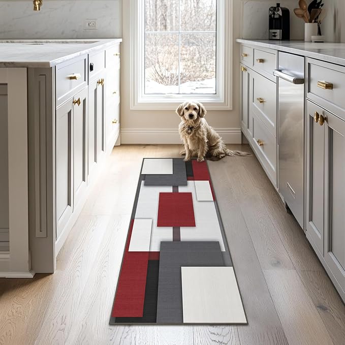 Red and Black Runner Rug 2x6 for Hallway Geometric Mid Century Rugs | Washable Modern Abstract Rug Low Pile Non-Slip Long Carpet for Kitchen Bedroom Doorway Bathroom Laundry