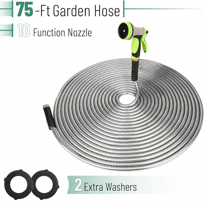 UNCO- Stainless Steel Metal Hose with 10 Functions Spray Nozzle, 75 ft, No Kink, Metal Garden Hose