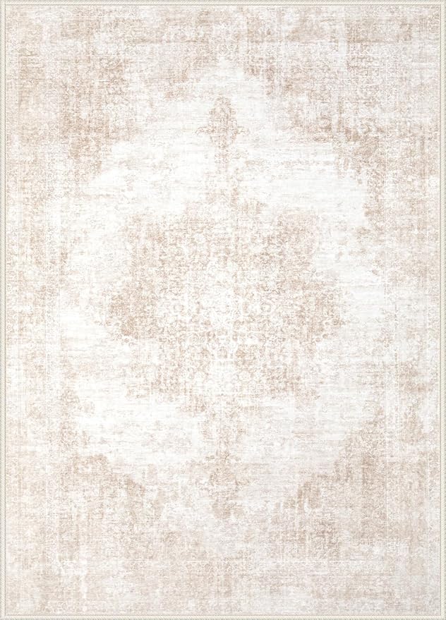 Area Rugs 8x10 Vintage Rug: Large Washable Living Room Rug Retro Medallion Distressed Rugs Soft Low Pile Non-Slip Indoor Floor Carpet for Bedroom Kitchen Nursery Dining Table Office (Beige/Brown)